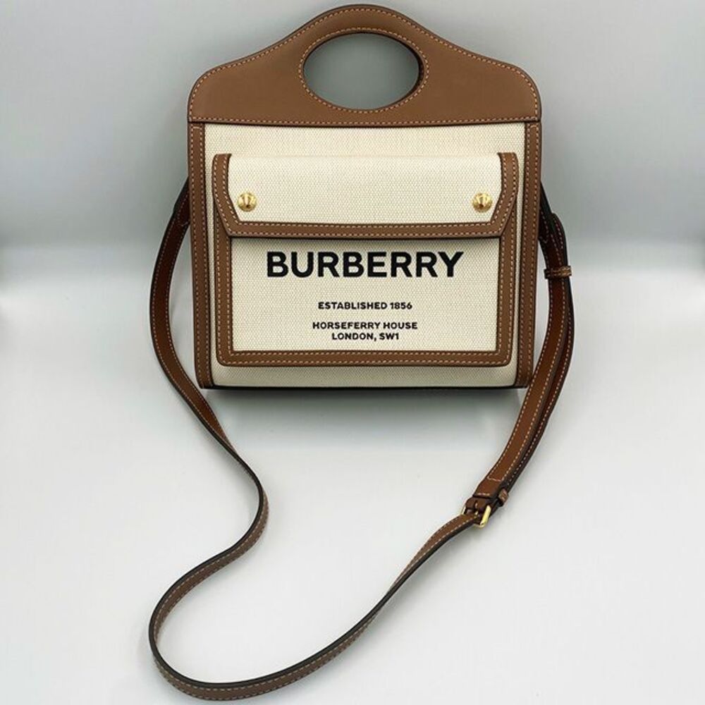 Brown Canvas Leather Two-tone Pocket Mini Tote Bag - Picture 9 of 9